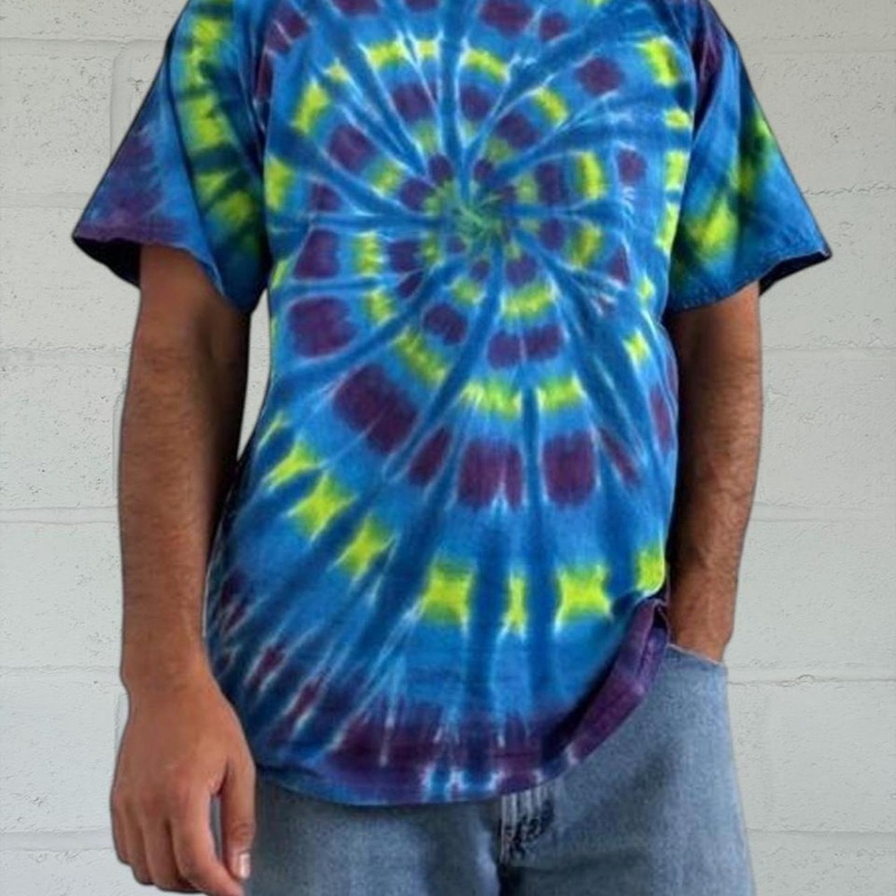 Mens Blue Green Purple Tie Dye Spiral Graphic Tee Short Sleeve Psychedelic Shirt